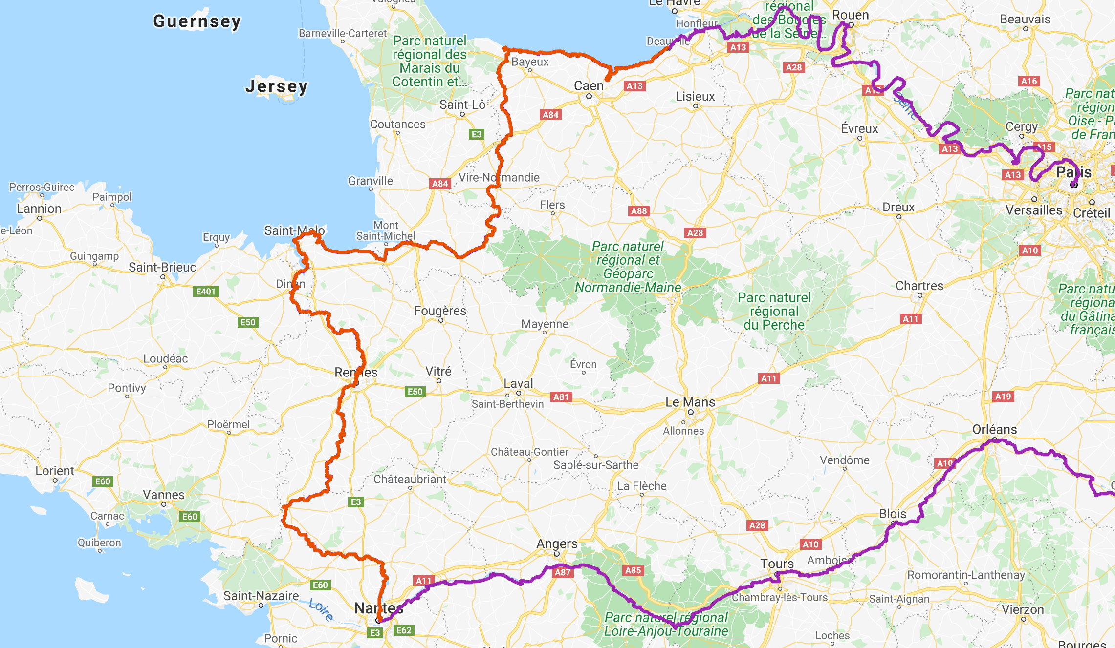 bicycle tour map normandy and brittany france