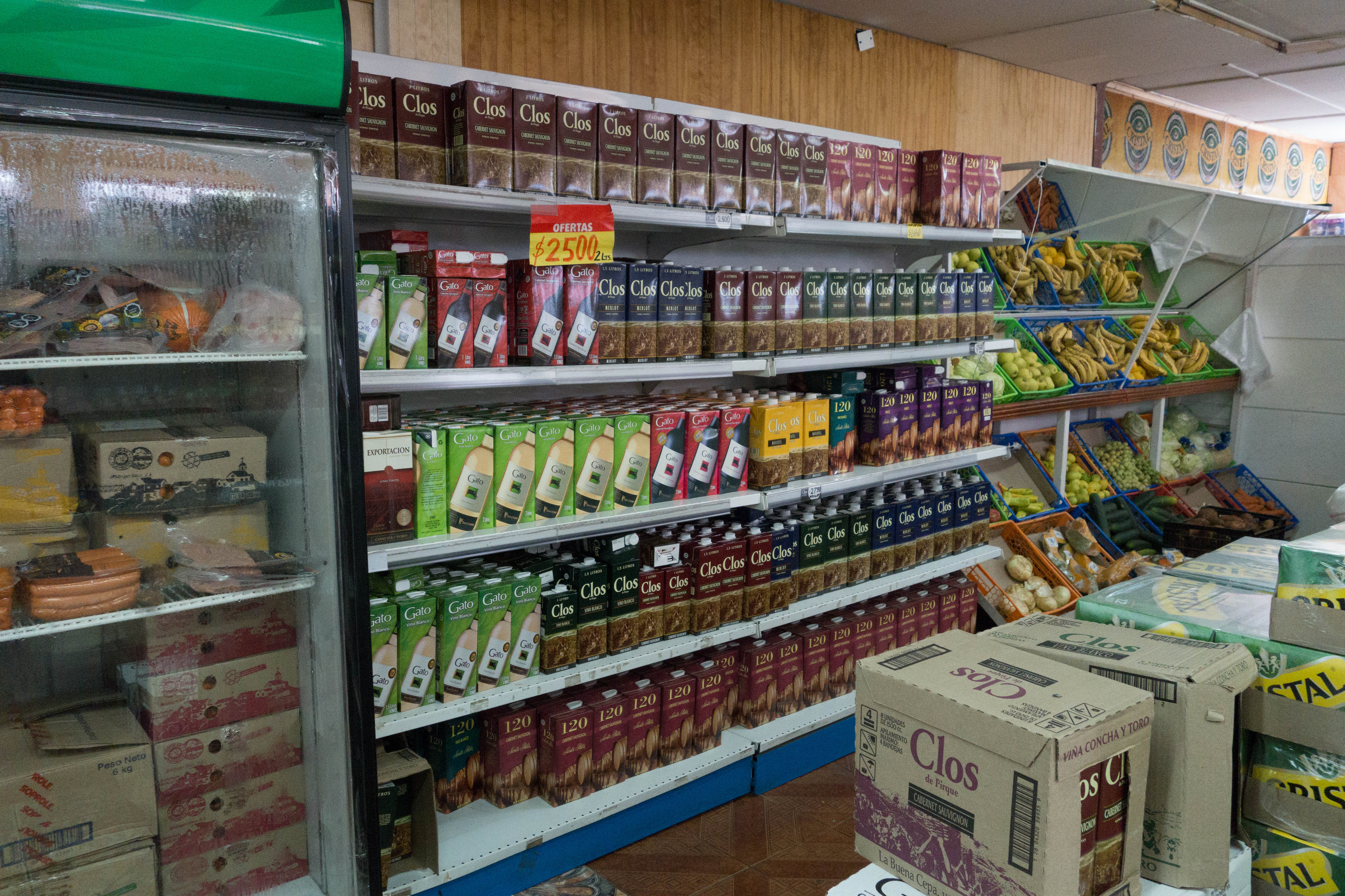 wall of boxed wine in a chilean grocery store