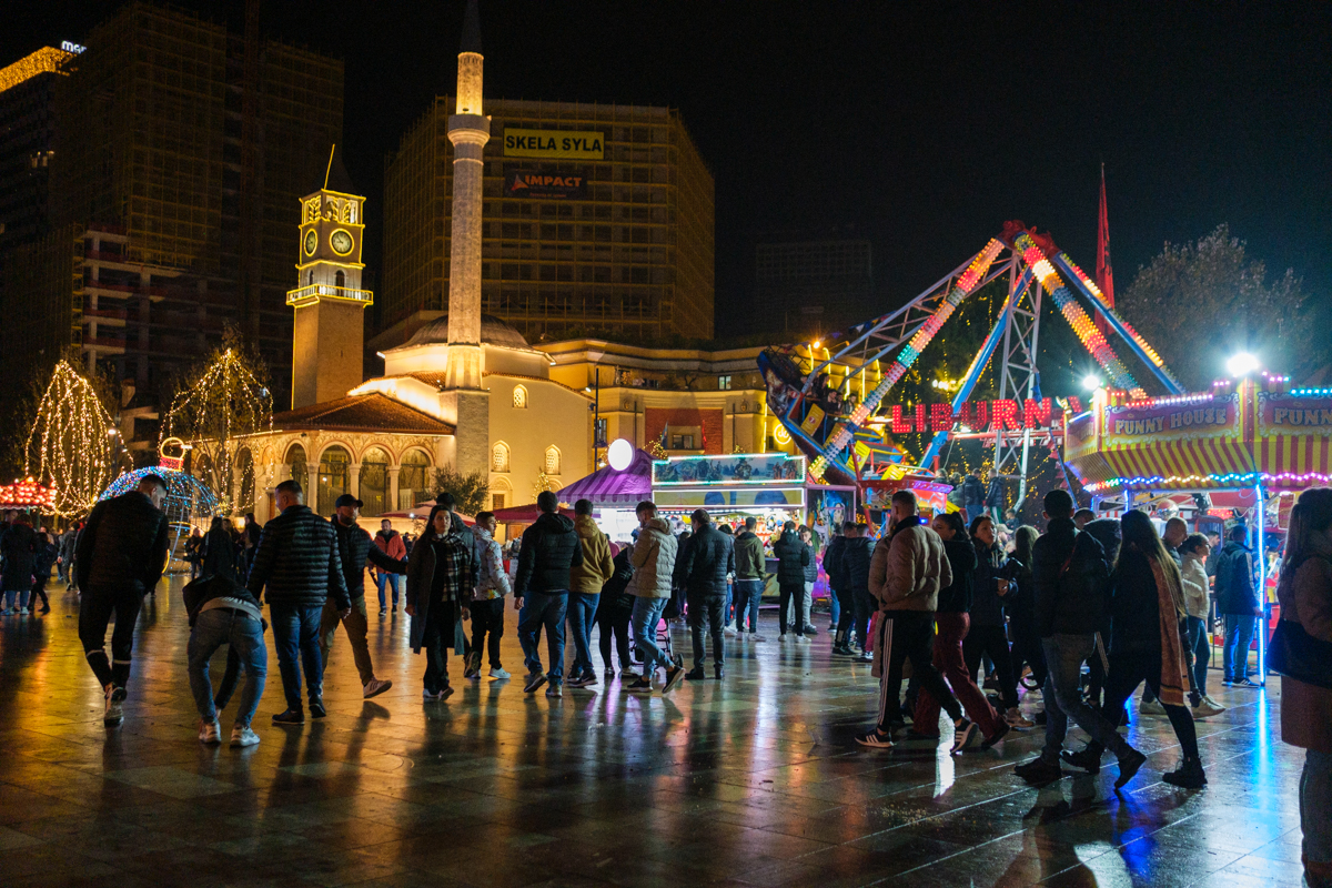 Tirana Christmas Market at night.