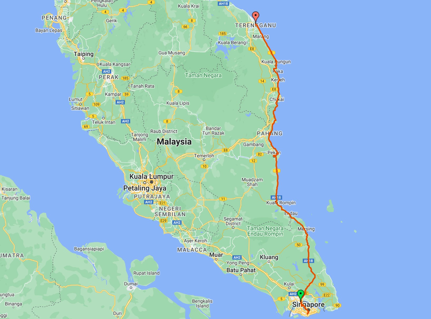 bicycle touring malaysia's east coast map